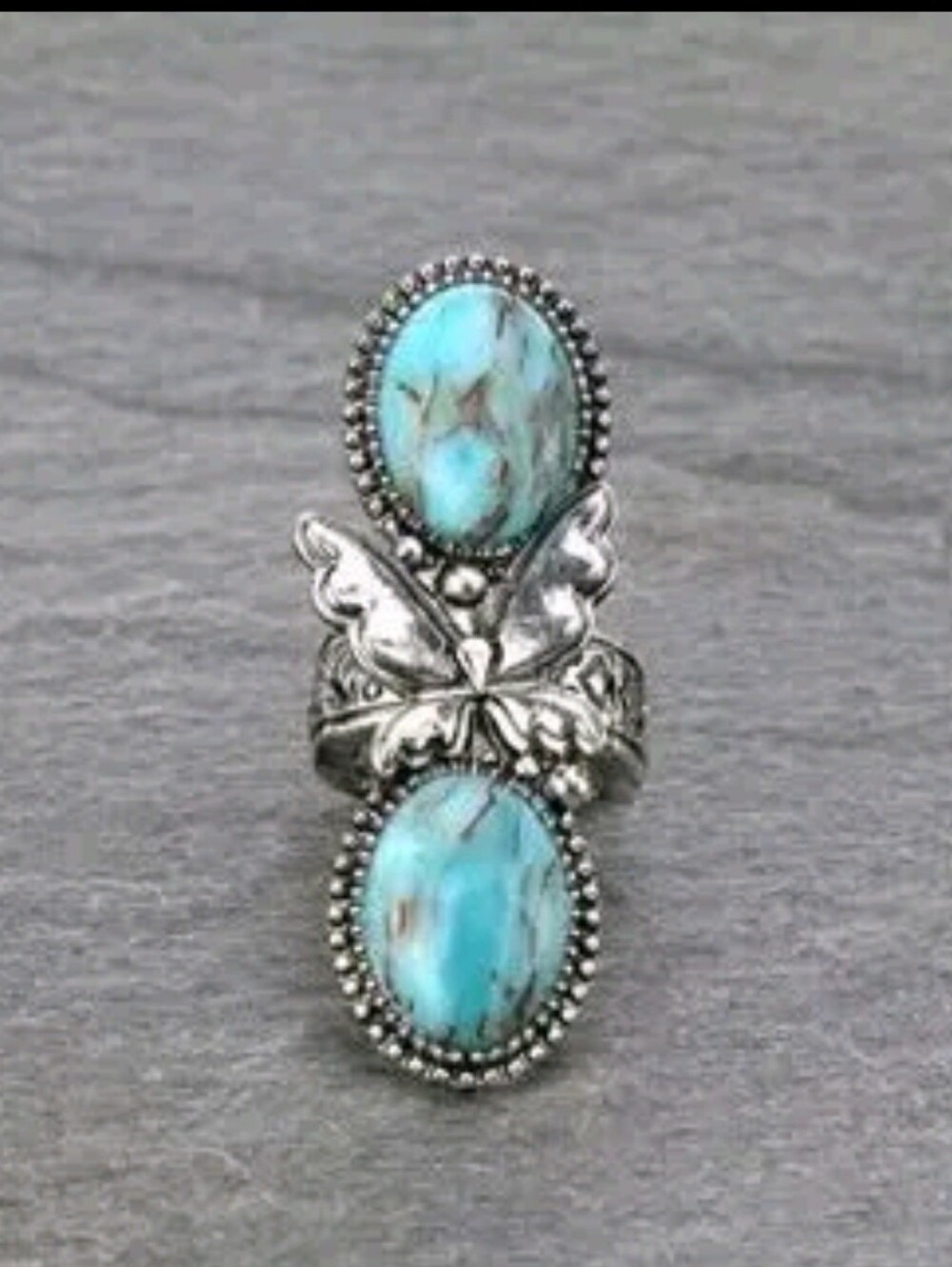 Western Butterfly Faux Turquoise Stone Stretch Double-Station Butterfly Ring